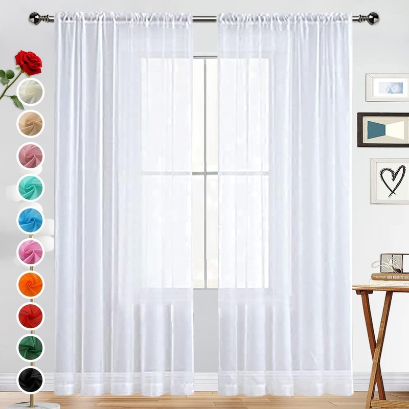 Basic Rod Pocket Sheer Voile Window Curtain Panels White 1 Pair 2 Panels 52