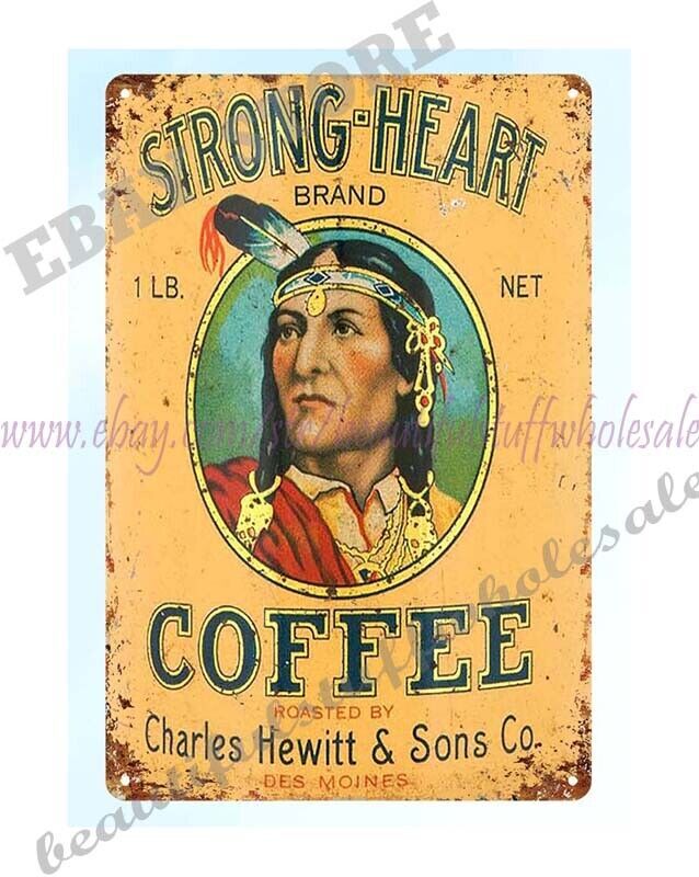 1920s STRONG-HEART COFFEE NATIVE AMERICAN metal tin sign room design