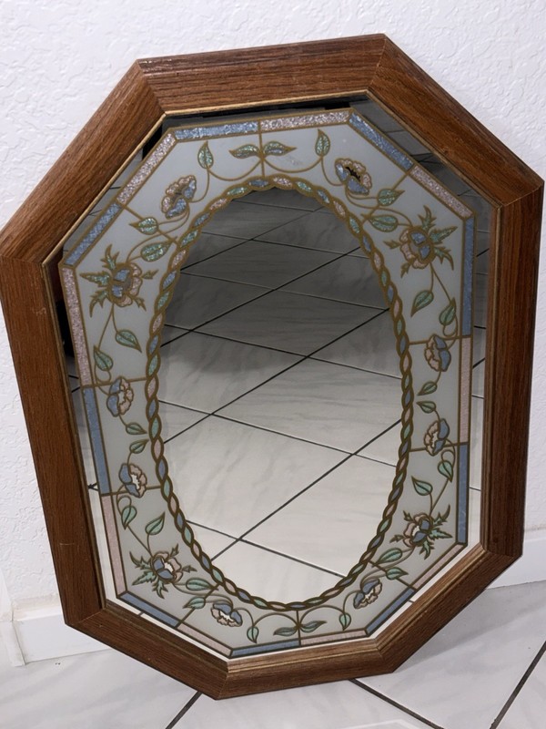 Vintage 80's Octagonal Floral Etched Mirror Retro Stained Glass Wood Frame Pink gallery