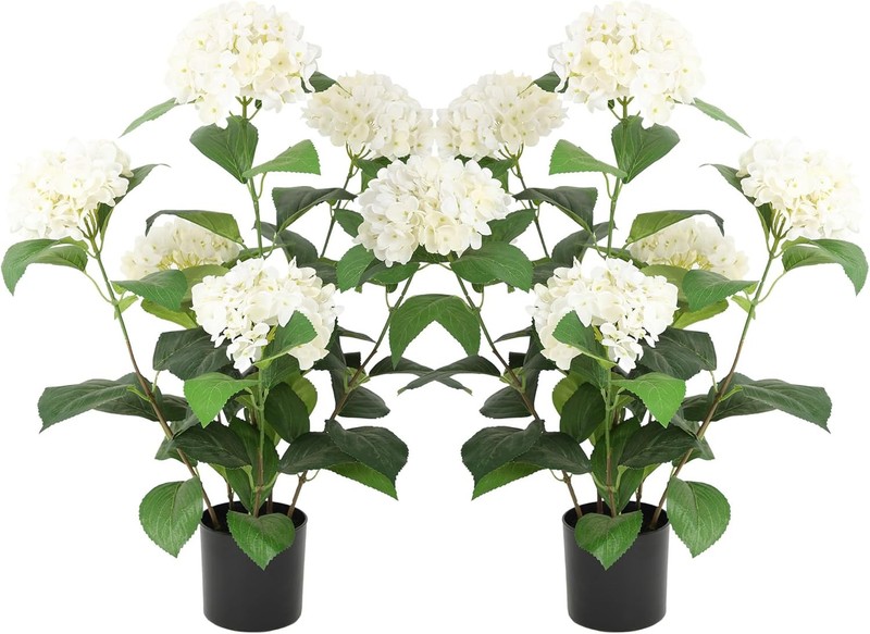 Bellacat 2ft Fake Hydrangea Bush Outdoor with White Flowers&Lifelike Leaves,
