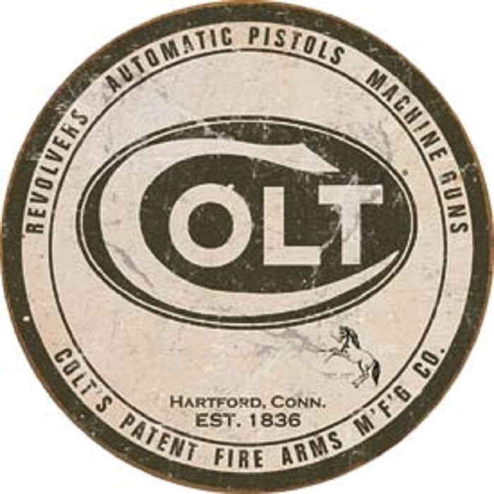 COLT REVOLVERS AUTOMATIC PISTOLS OFFICIALLY LICENSED ROUND ALUMINUM SIGN