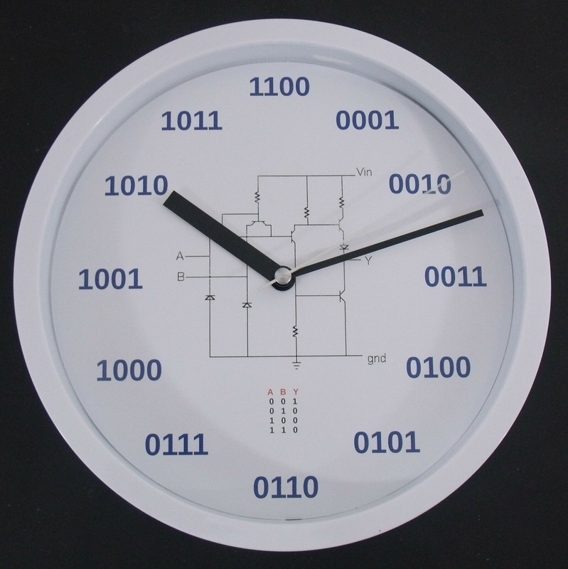 Geek Clock Analog Clock with binary numbers, NAND circuit, truth table
