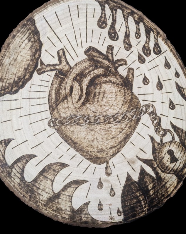 Guarded Heart Natural Wood Slice with Pyrography Art