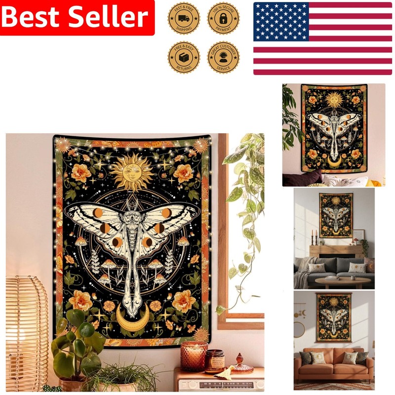 Orange Moth Tapestry Boho Vintage Floral Wall Hanging Retro Aesthetic Room Decor