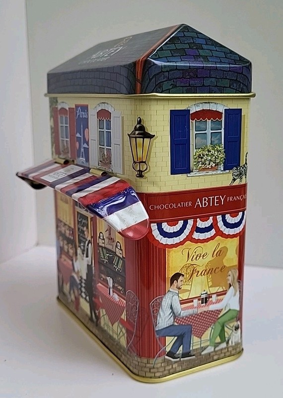 ABTEY Chocolatier Collector's Tin Box With Roof-Shaped Lid & Hinged Awning EUC! gallery