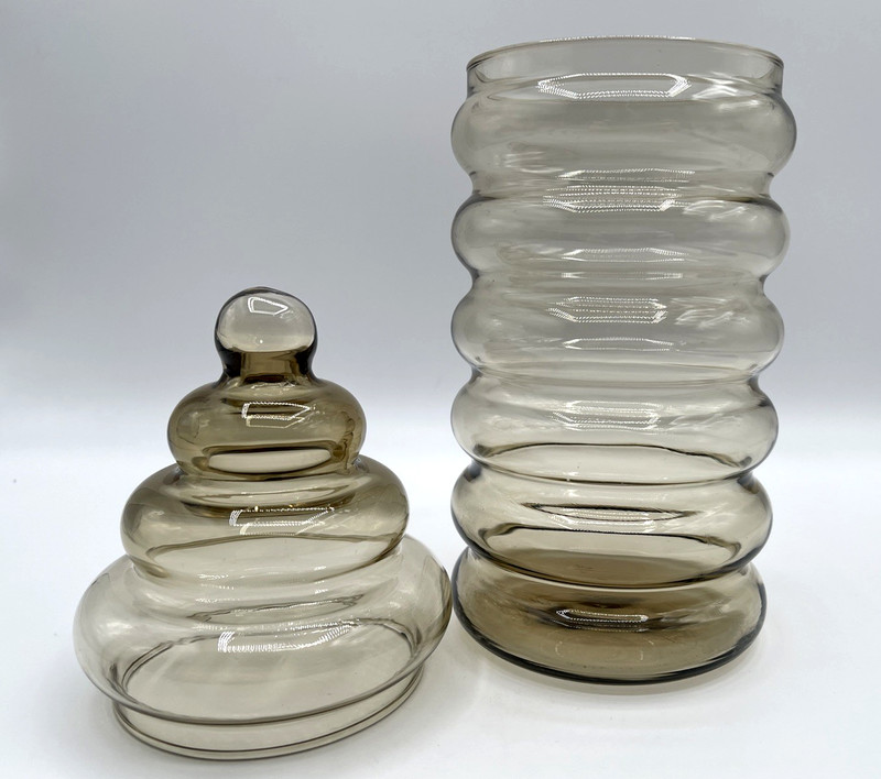 Vintage Smoke Gray Ribbed Glass Beehive Apothecary Jar with Lid 11.5 Inch
