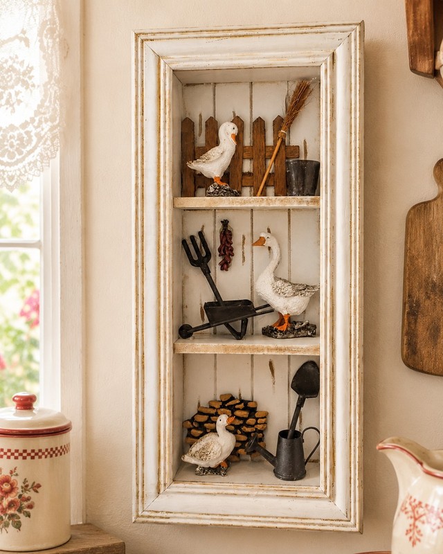 Farmhouse White Wood Wall Shadow Box Shelf, Vertical, Bird Theme Decor