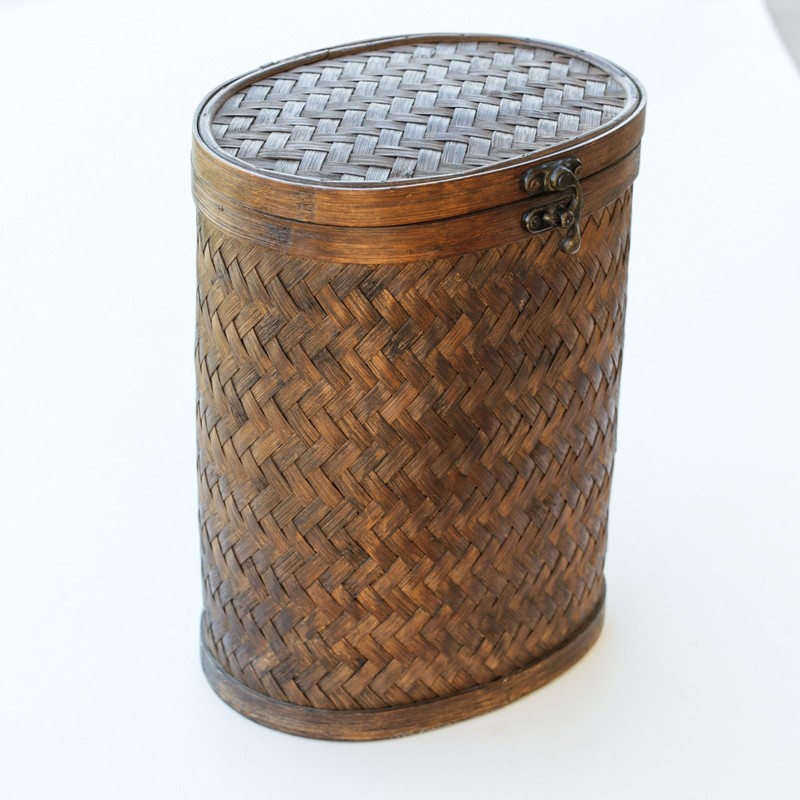 Tropical Tiki Style Vintage Oval Dark Brown Wicker Knitting Basket w Lid & Clasp gallery