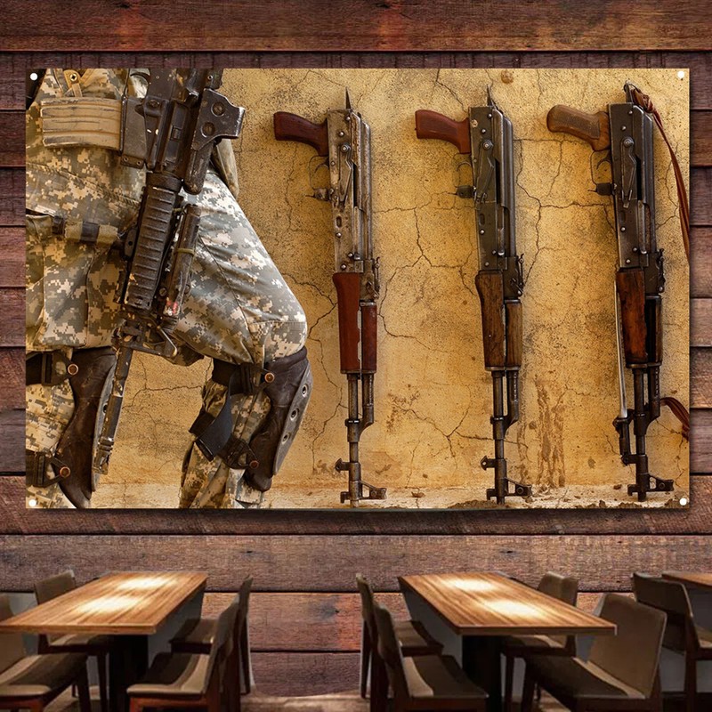 AK-47 Assault Rifle Gun Wall Art Poster Firearms Military Art Flag Decor Banner