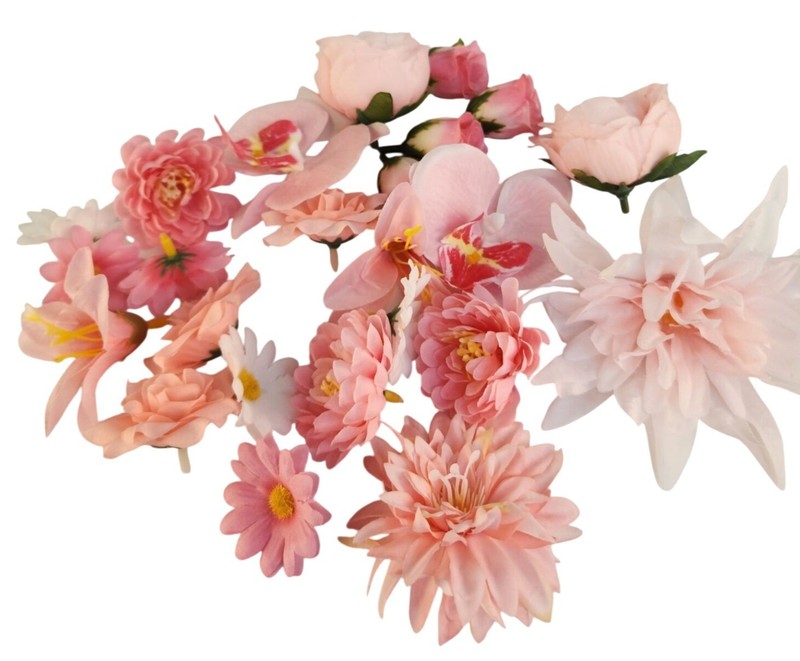25 Pink Artificial Flower Heads for DIY Crafts – Roses, Daisies, Orchids