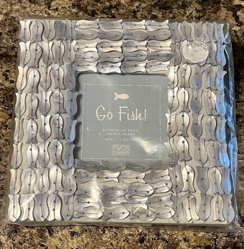 Two’s Company Go Fish Mother Of Pearl Photo Frame 3×3 Coastal Beach Decor NIP