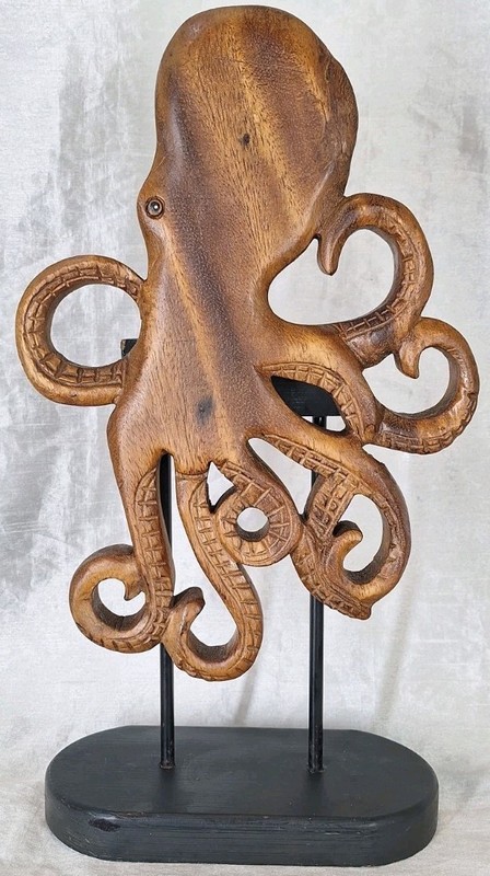 VTG Hand Carved Natural Wood Octopus Sculpture On Stand Nautical Beach Art 16.5″