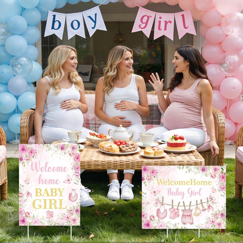 2Pcs Welcome Home Baby Girl Yard Sign Decorations, Pink Floral Baby Shower Ya... gallery