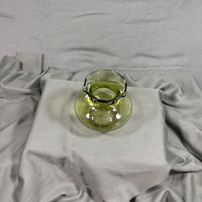 Vintage Green Glass Ruffled Rim Vase Small Hand Blown Decorative Bud Vase gallery