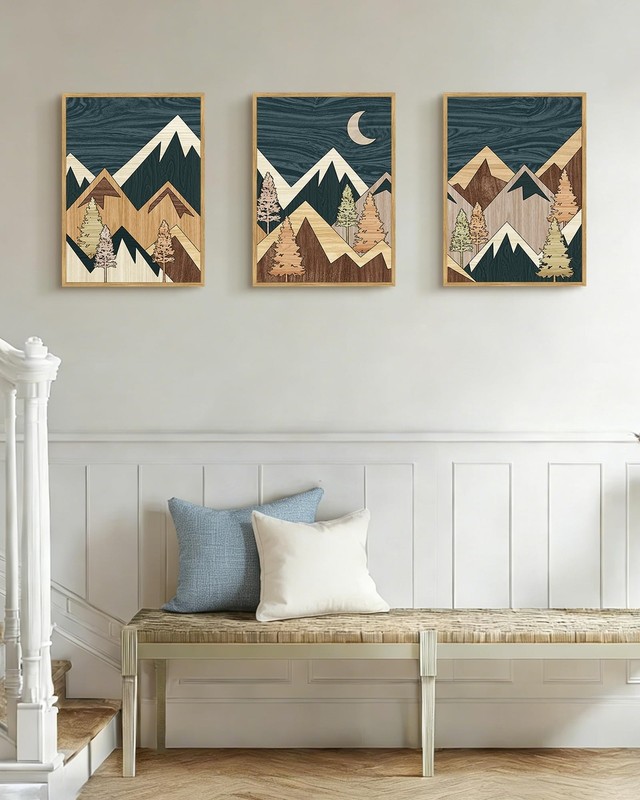 Morden Mountains Framed Wall Art Boho Woodcut Pine Tree Forest Nature Landsca... gallery