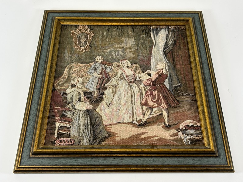 French Woven Tapestry Panel Italian Couple Dancing Music Scene Framed 14″x14″