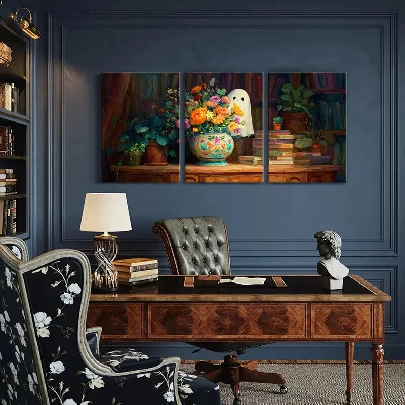 3pcs Artistic Floral Arrangement Ghostly Figure Metal Print Ready to Hang Art gallery