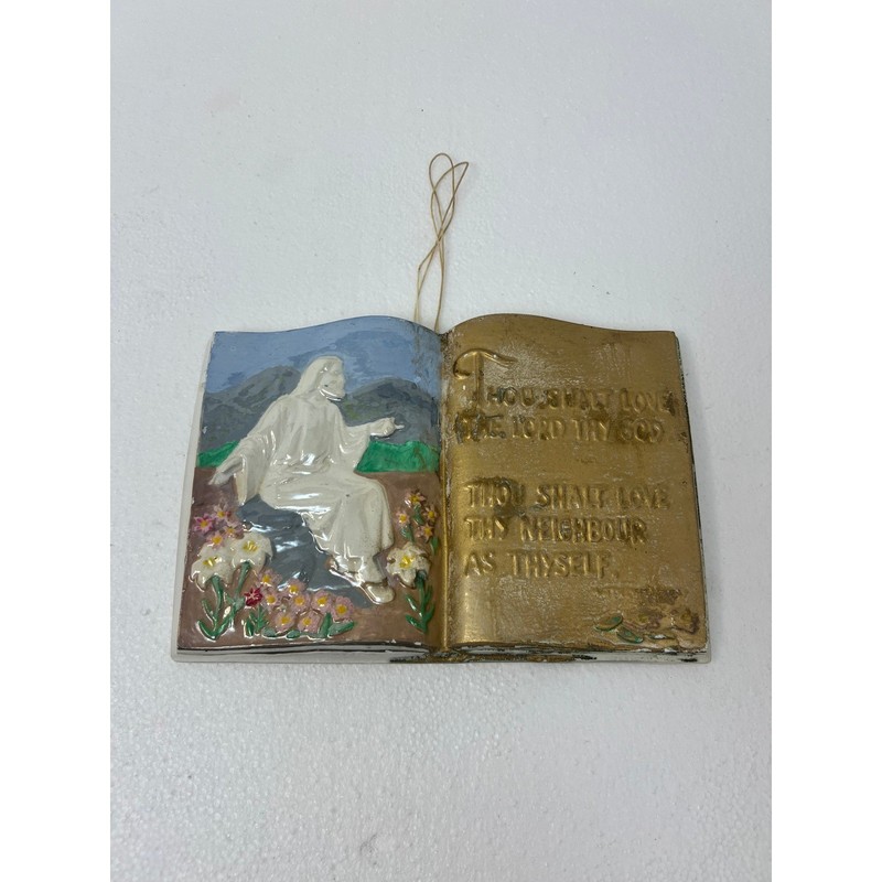 Vintage Hand Painted Ceramic Jesus Book Wall Plaque Scripture Religious Art 6×9