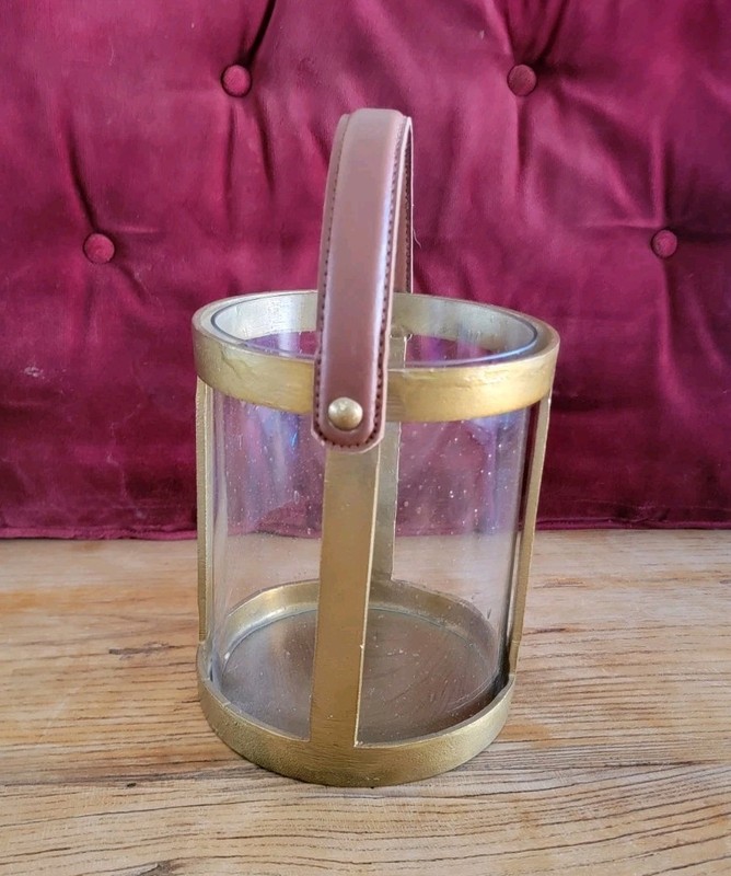 Lantern Candle Holder W/Leather Handle And Brass Tone Accents & Bubble Glass gallery