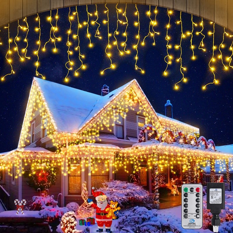 Warm White Christmas Icicle String Lights – 65.6 FT with 120 Drops, 8 Light M…
