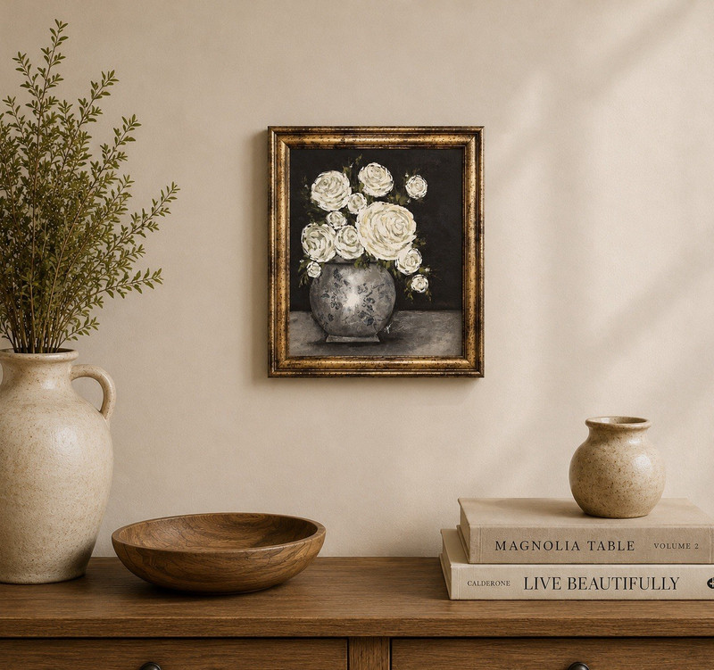 Framed Vertical Floral Still Life Print, White Roses in Vase, Black White Gold