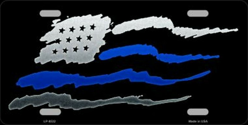Thin Blue Line Waving Flag Police Support All Metal License Tag Sign