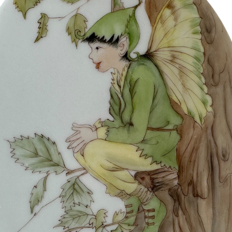 Vintage 80s Porcelain Wall Plaque Elm Tree Fairy Elf S.M. Hand Painted Oval 7" gallery