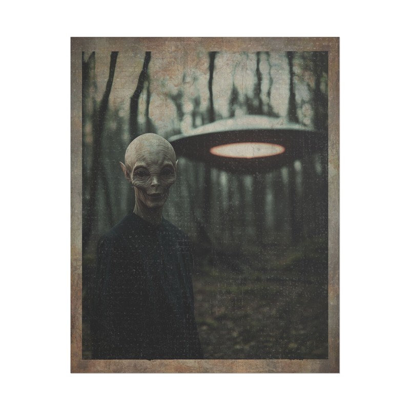 ALIEN UFO FOREST Wall Art, Retro Sci-fi Horror Cryptid Poster, Nature Trees UAP