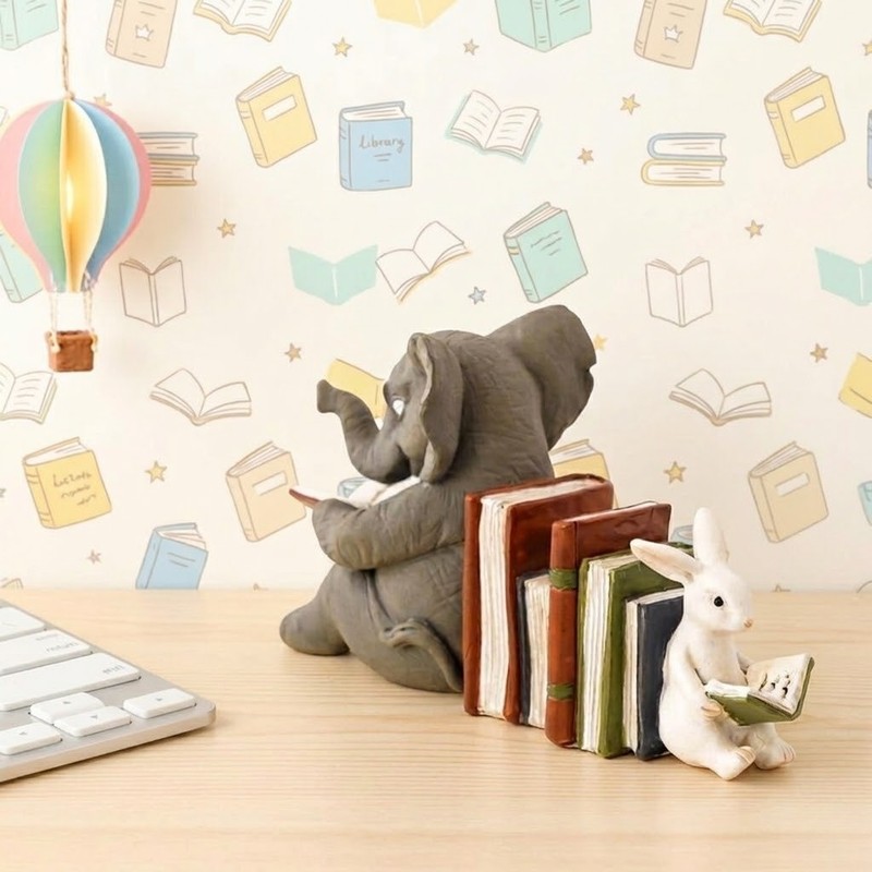 Elephant and Bunny Rabbit Reading Miniature Resin 4″ Figurine
