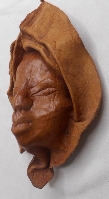 Leather Molded Face Sculpture Hand Tooled Mask Hanging Wall Art Women 8" x 5" W gallery