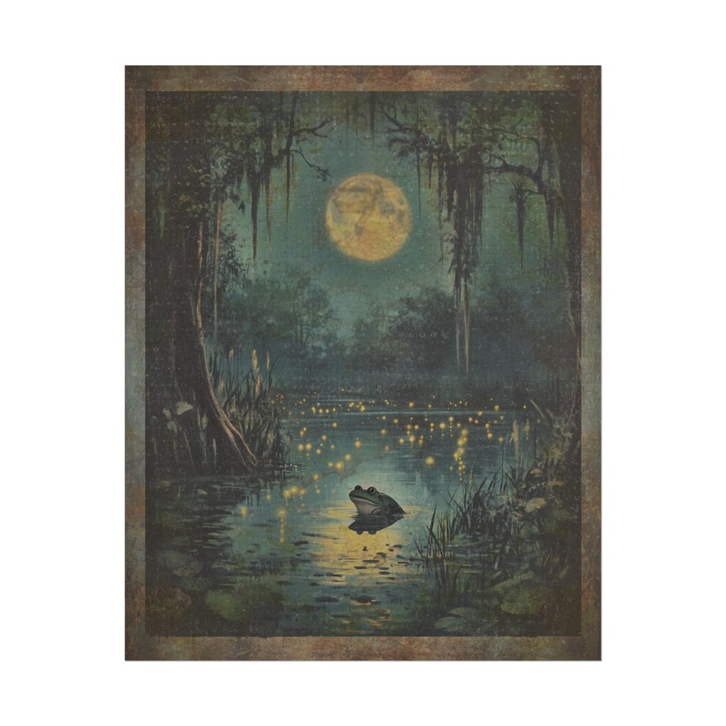 Vintage FROG FIREFLY MOON Wall Art, Celestial Amphibian Swamp Toad Pond Decor