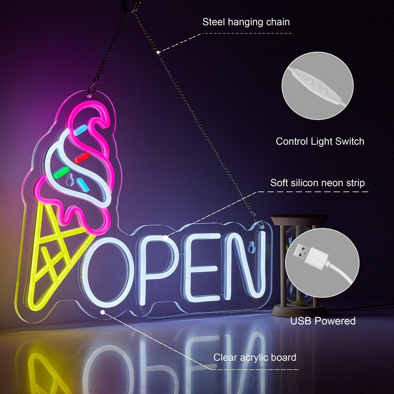 Ice Cream Open Neon Sign for Wall Décor Dimmable Business Store Drink Shop gallery