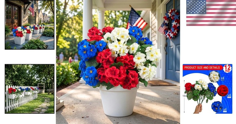 12 Pcs UV Resistant Artificial Geranium Flowers - Red, White, Blue Decor gallery