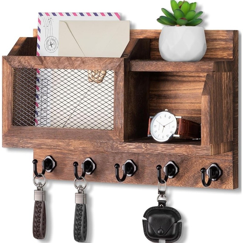 Wooden Key Holder Wall Organizer W/ Mail Slot Rustic Design & Display Shelf New