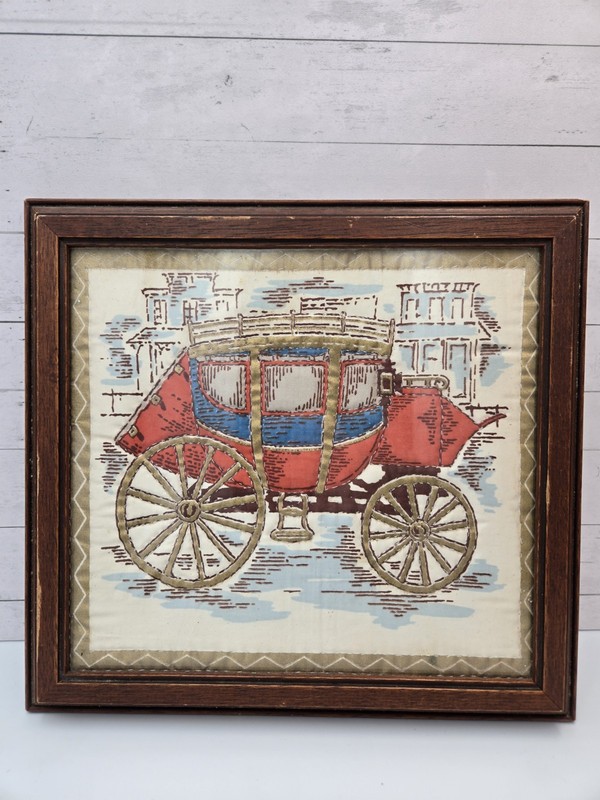 Vintage Victorian Carriage Print on Fabric Framed Wall Art Needlepoint Style