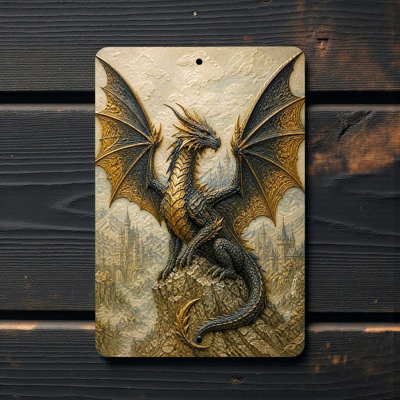 Black Dragon Metal Wall Sign – Fantasy Medieval Decor 8×12 inch print