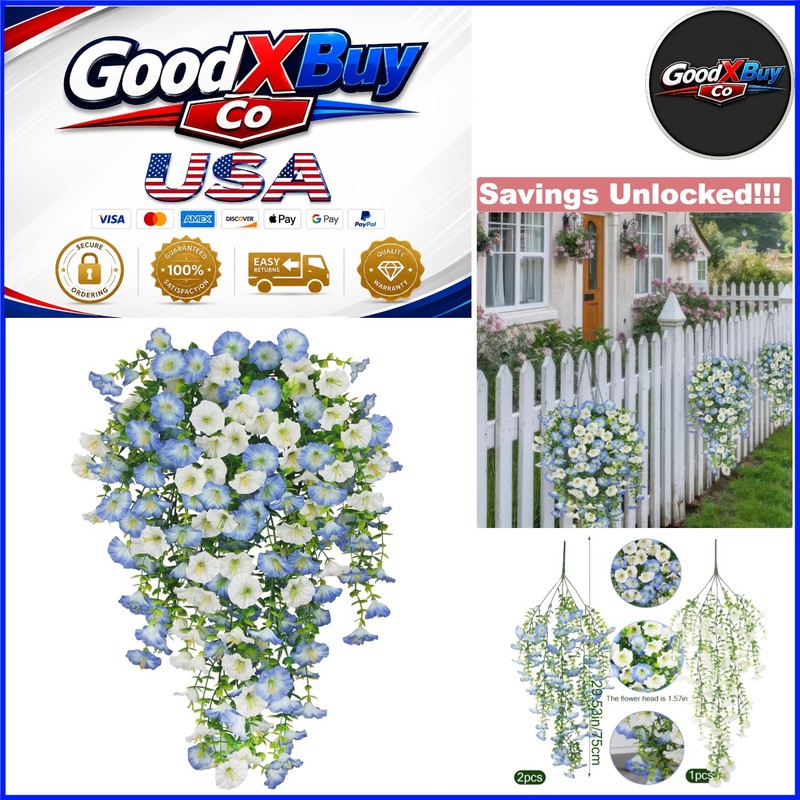 3 Pcs Blue Artificial Hanging Flowers for Outdoors UV-Resistant Spring Summer…