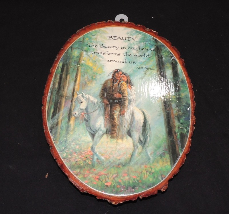 Vintage Tree Bark Plaque Title "Beauty" Native American Couple on Horse gallery