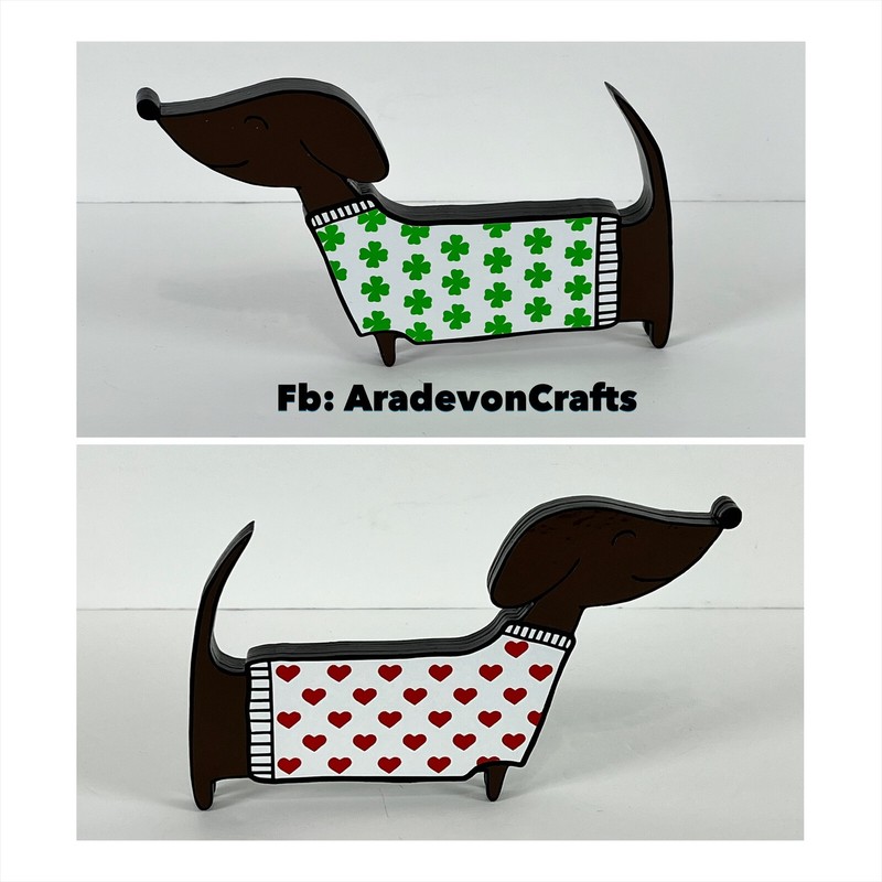 HANDMADE: Laser Cut Shamrock & Hearts 6.5 inch Dachshund figure (Dark Brown)