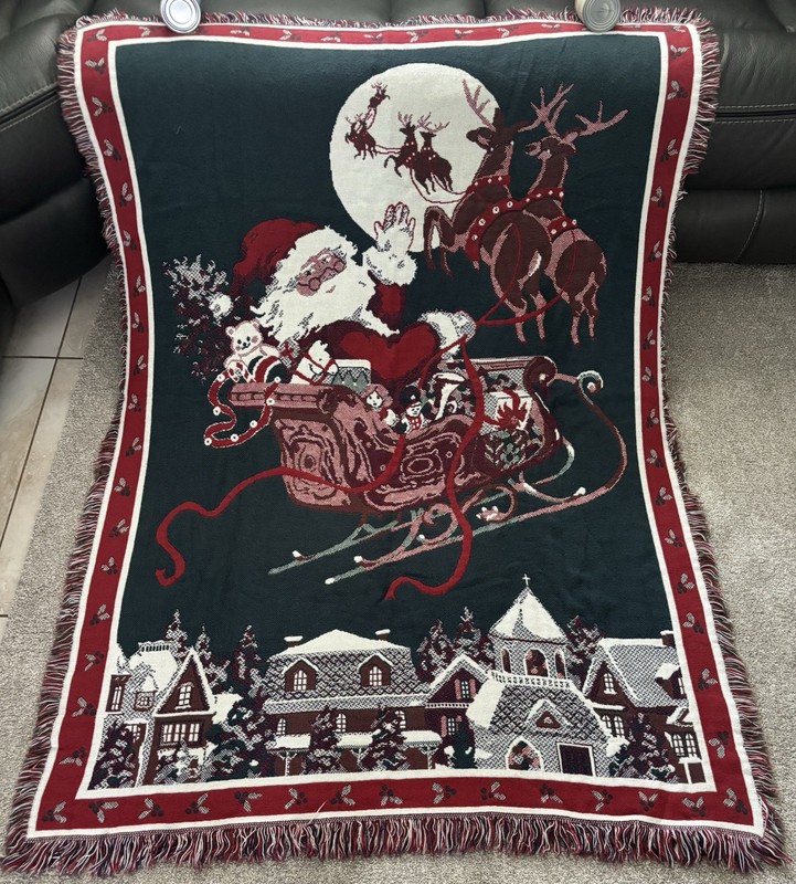 Vintage 90s Christmas Woven Tapestry Throw Blanket Santa Sleigh Reindeer 48×66