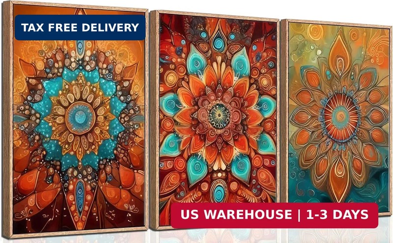 3Pcs Boho Mandala Floral Canvas Wall Art Modern Plants Colorful Flowers Painting