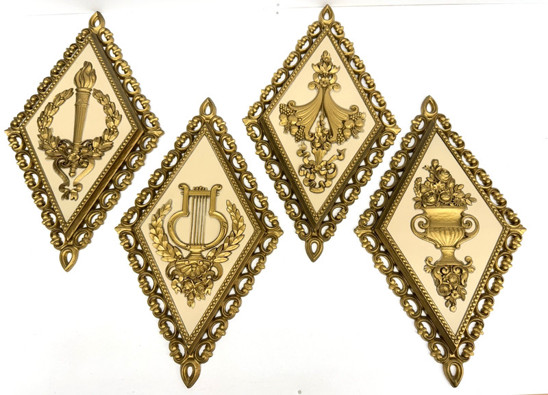 VTG Homco Dart IND Wall Decor Gold Baroque Plaque Hollywood Regency Set of 4 USA