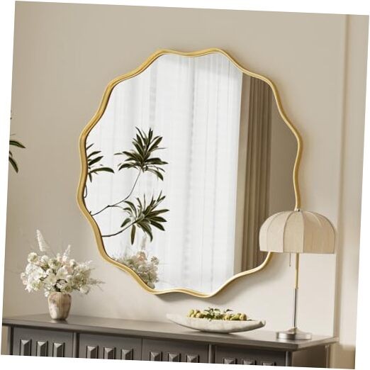 Scalloped Circle Mirror, 24″ Wavy Edge Round Wall Mirror with 24″L x 24″W Gold