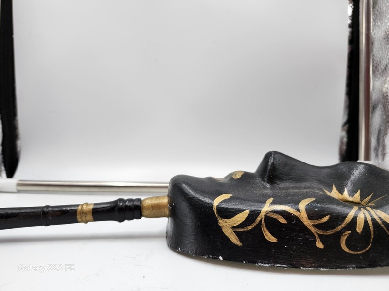 Vintage Harlequin Paper Mache Handle Mask Black with Gold Accents gallery