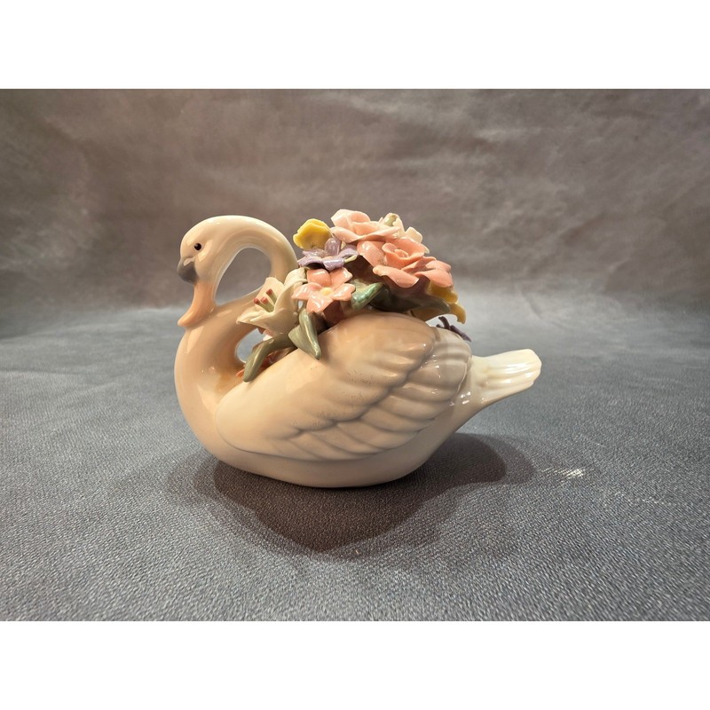 Vintage Ceramic Swan Figurine with Porcelain Flowers Pastel Hand Painted YH