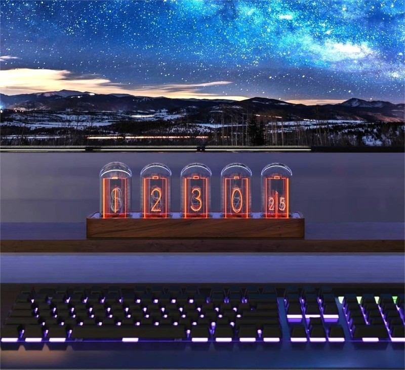 Retro Nixie Tube Clock with Wi-Fi Sync, Alarm & Timer - Wood Grain Design gallery