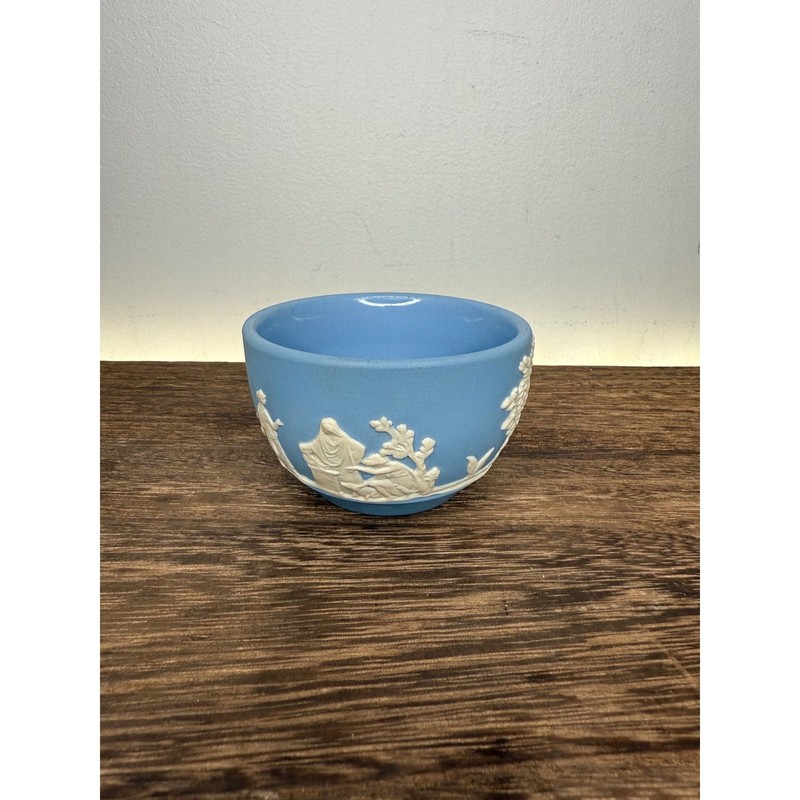 Vintage Wedgwood Blue Jasper Ware Bowl England 1800s Figures Tree Decor 3″
