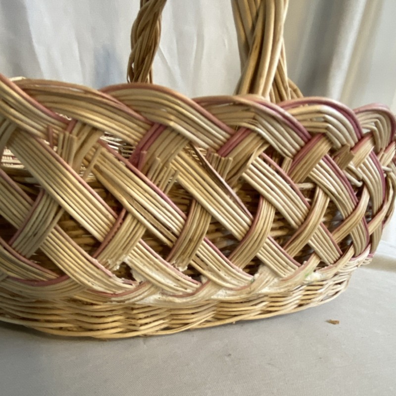 Handmade Oval Wicker Basket with Handle, Beige Pink, 11x8x8 in gallery