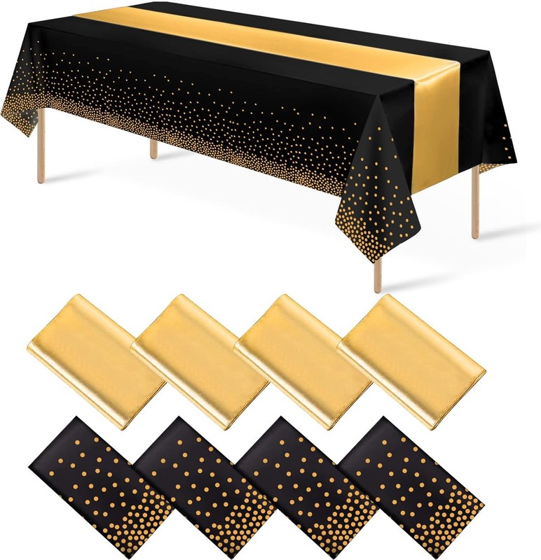 8Pack Disposable Plastic Tablecloths and Satin Table Runner Set Black Gold Dot