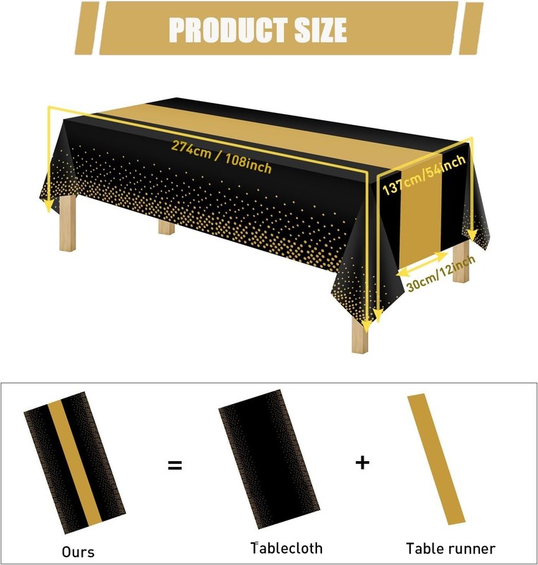 3 Pack 2in1 Disposable Plastic Tablecloths 54" x 108" Black and Gold Dot Kitchen gallery